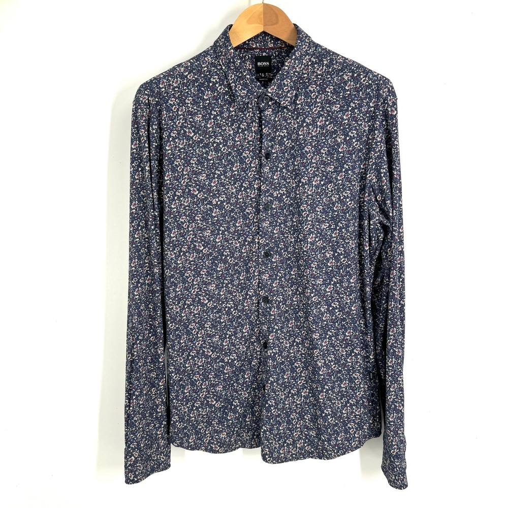 Hugo Boss Robbie Floral Button Down Shirt Navy Blue Mens XL Slim Fit Stretch
